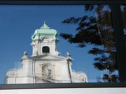
St. Elisabeth church (reflection in bus window).
