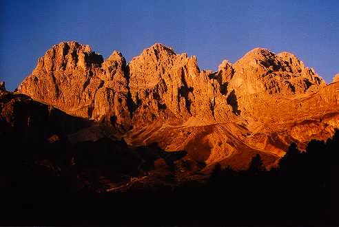 
Morning in the Dolomits. Rosengarten as seen from Rifugio Gardeccia.
